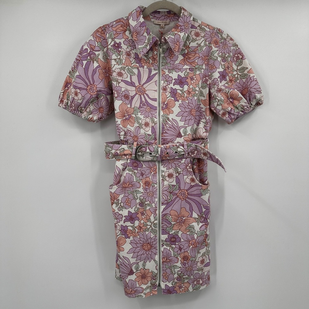 Skies Are Blue Retro Floral Denim Zip Front Belted Mini Dress Spring Groovy XS
